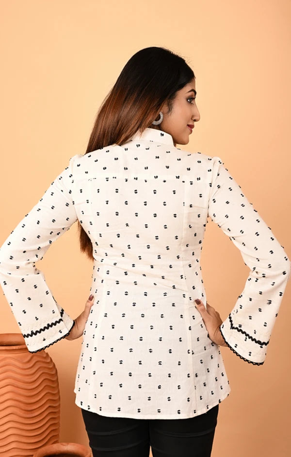 Ivory Linen Full Sleeve Shirt with Crosia Lace Detailing - OSKOS