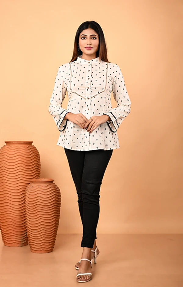 Ivory Linen Full Sleeve Shirt with Crosia Lace Detailing - OSKOS