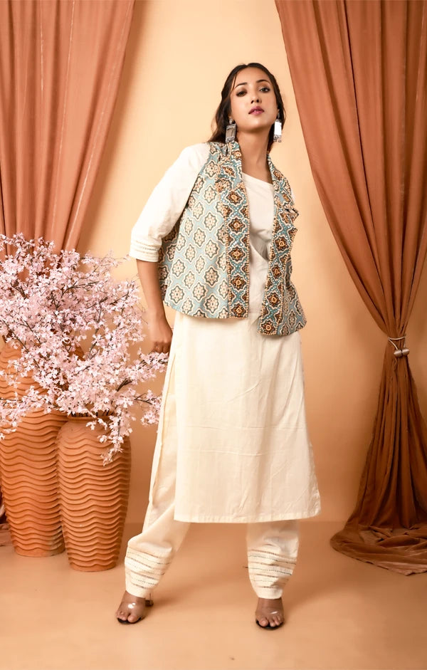 Ivory Kurta Set with Hand-Embroidered Cotton Printed Jacket - OSKOS