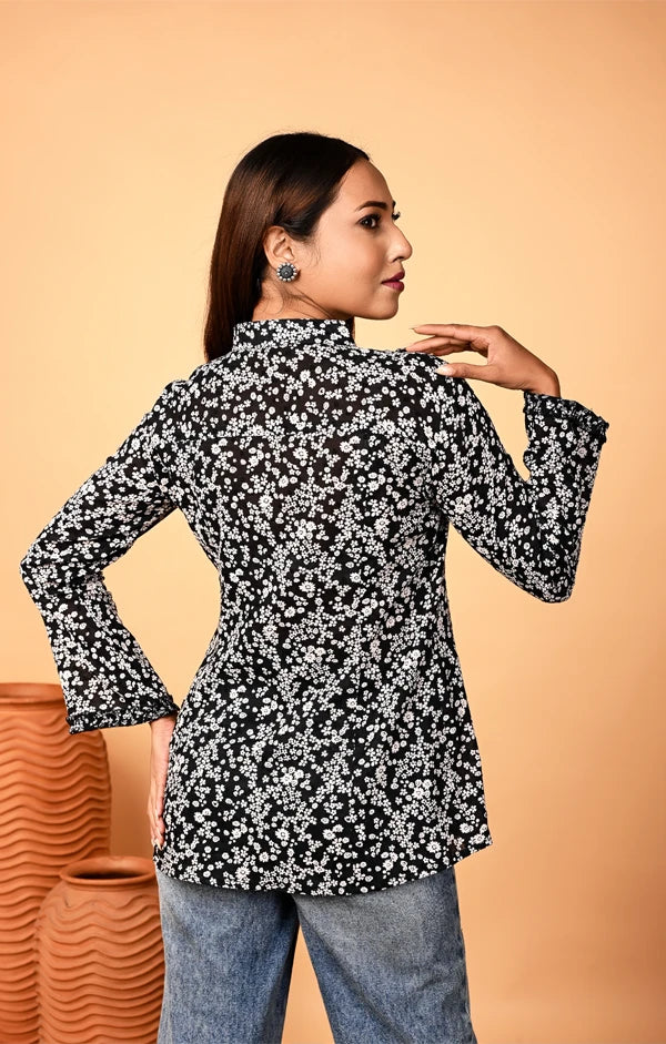 Traditionally Styled Dobby Weave Black Floral  Casual Full-sleeve Shirt with Lace Accents - OSKOS