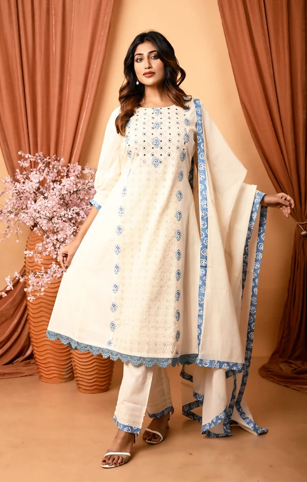 Ivory Cotton Anarkali Set with Shiffli and Applique Work - OSKOS