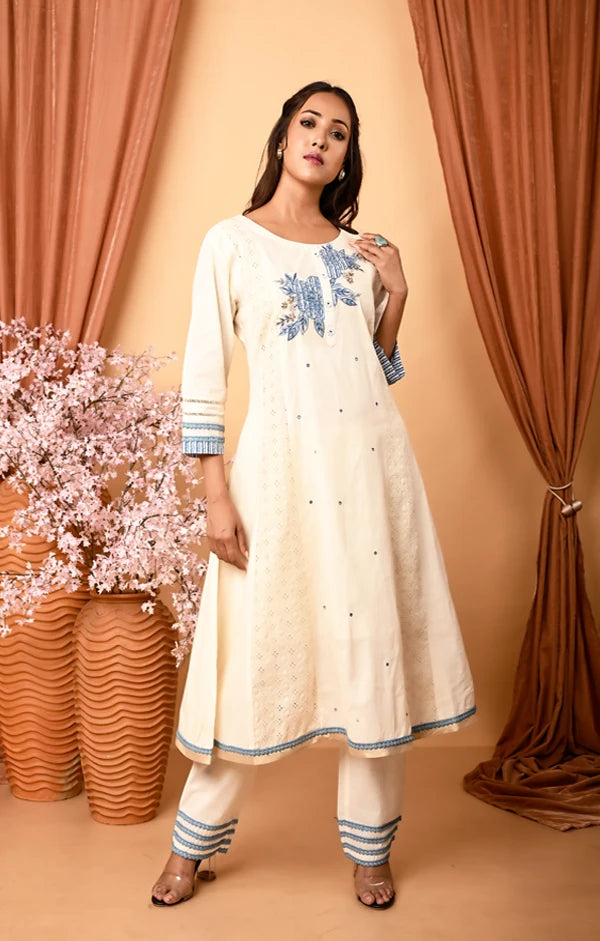 Ivory  Cotton Hand embroidered Anarkali  with Pant and Dupatta - OSKOS