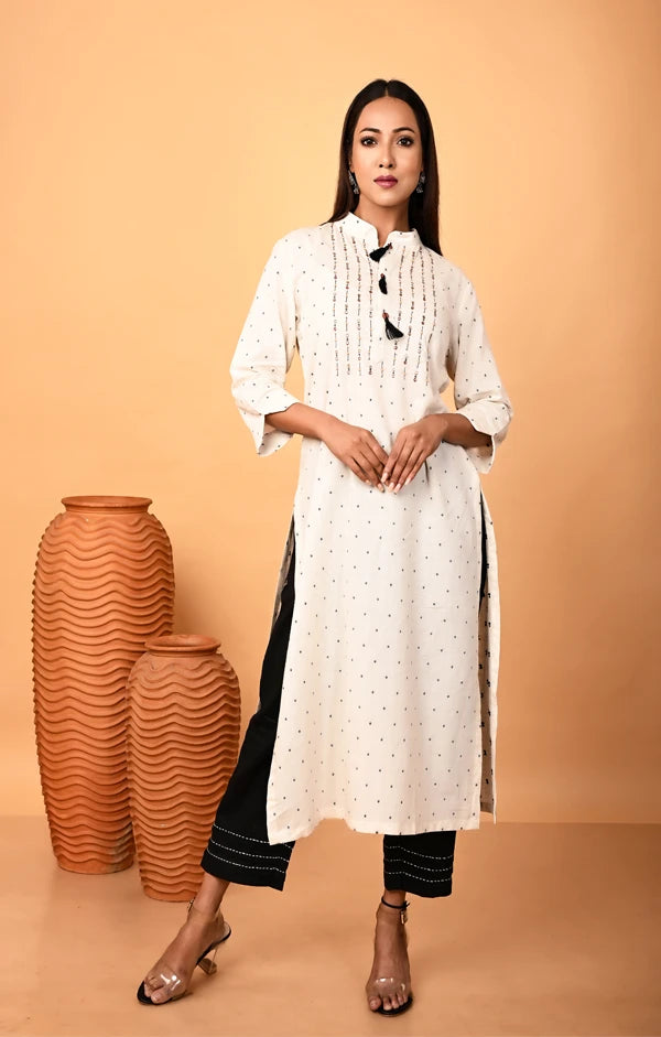 Ivory Hand-embroidered Linen Kurta with Black Palazzo Set - OSKOS