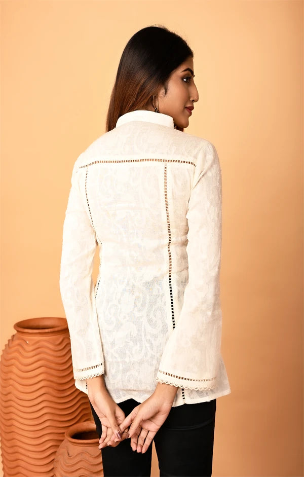 Ivory Jacquard Woven Shirt with Embellishments - OSKOS