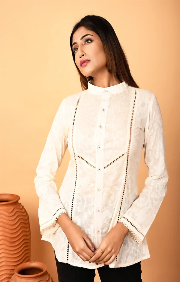 Ivory Jacquard Woven Shirt with Embellishments - OSKOS