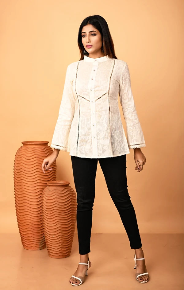 Ivory Jacquard Woven Shirt with Embellishments - OSKOS