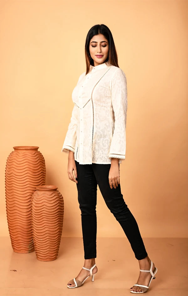 Ivory Jacquard Woven Shirt with Embellishments - OSKOS