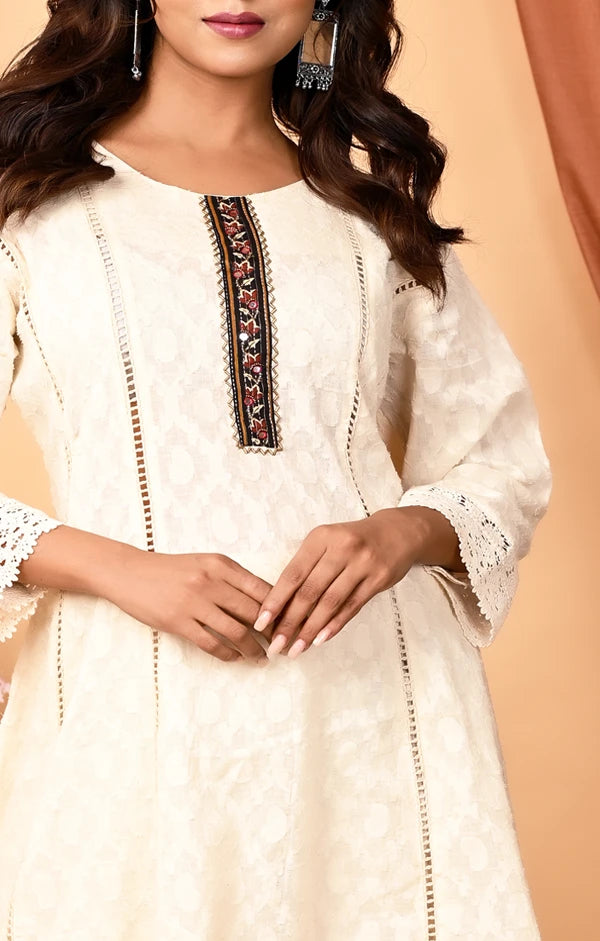 Ivory Cotton Anarkali suit with Palazzo and Dupatta - OSKOS