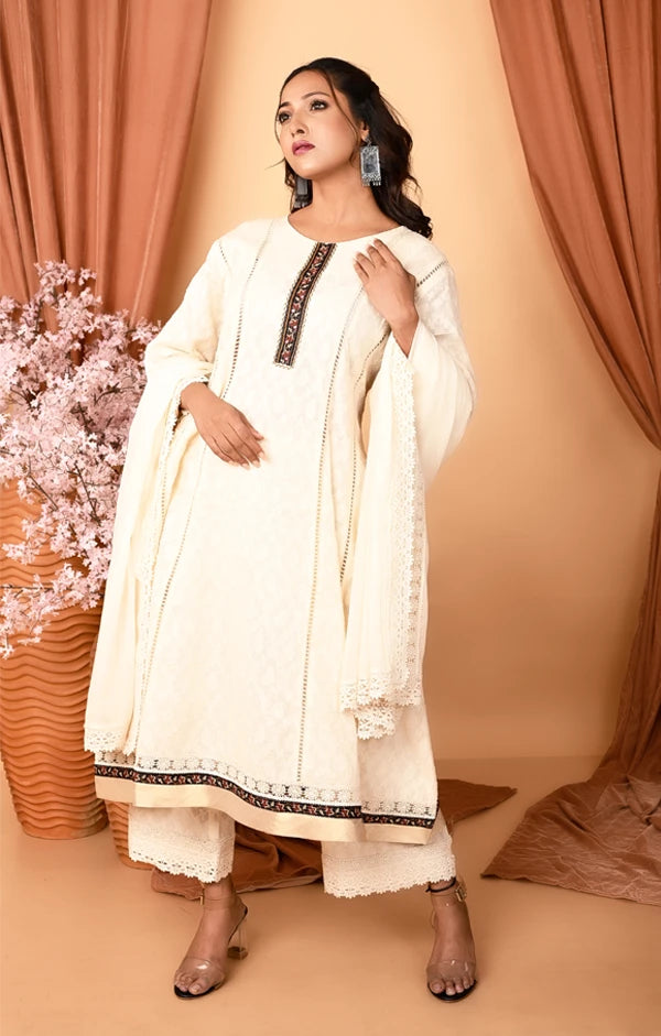 Ivory Cotton Anarkali suit with Palazzo and Dupatta - OSKOS