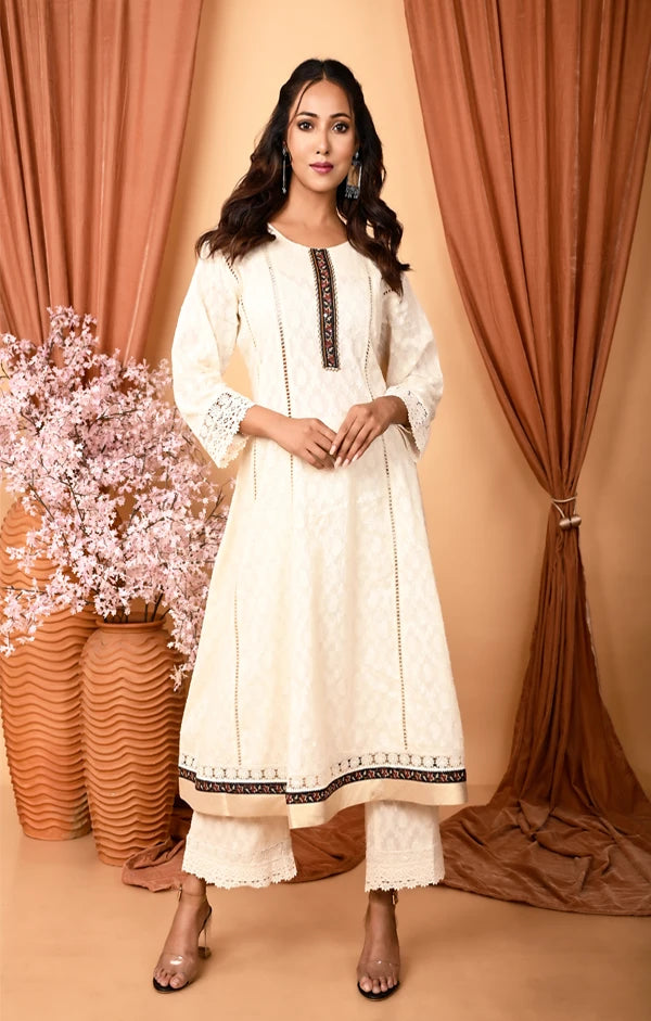 Ivory Cotton Anarkali suit with Palazzo and Dupatta - OSKOS