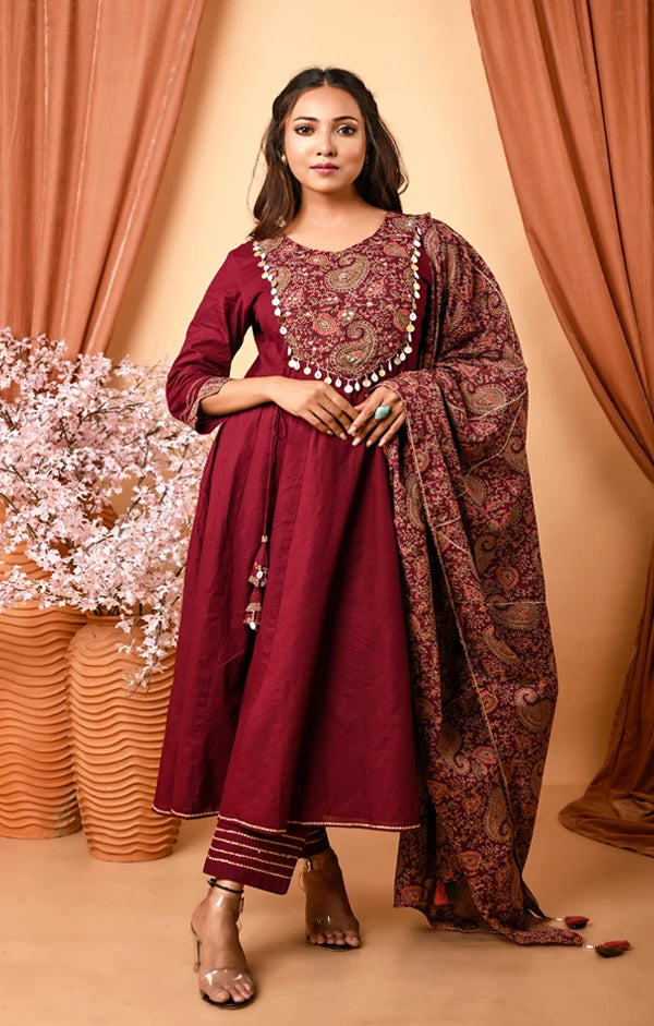 Gorgeous Wine Cotton Hand embroidered Anarkali Suit with Palazzo and Dupatta set - OSKOS