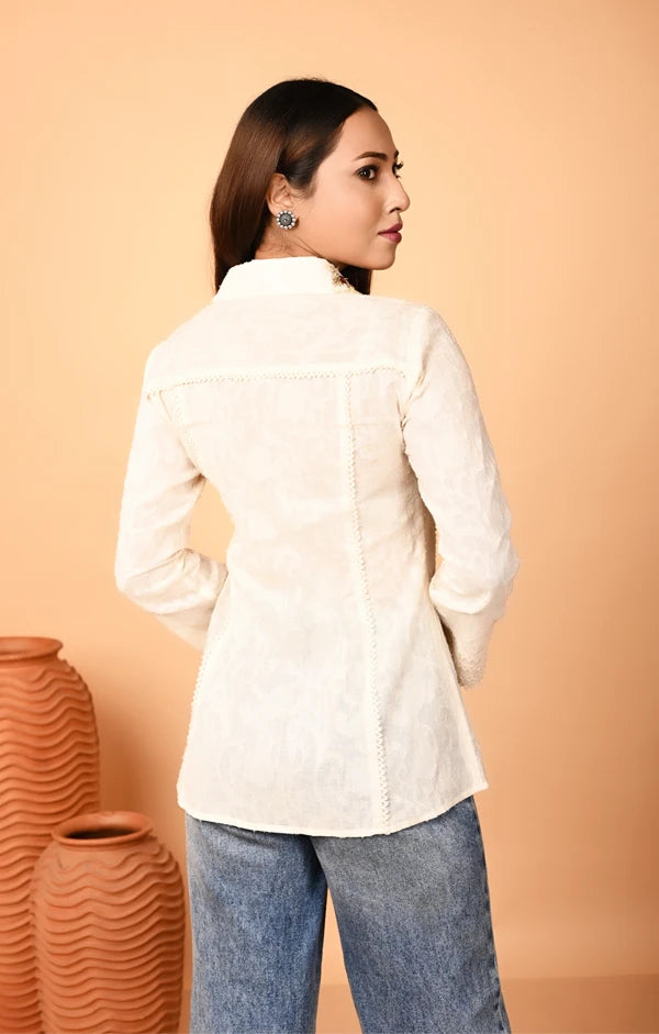 Ivory Jacquard Weaved Embroidered Shirt - OSKOS