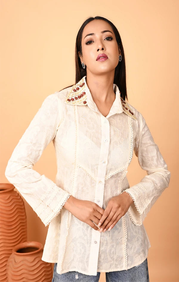 Ivory Jacquard Weaved Embroidered Shirt - OSKOS