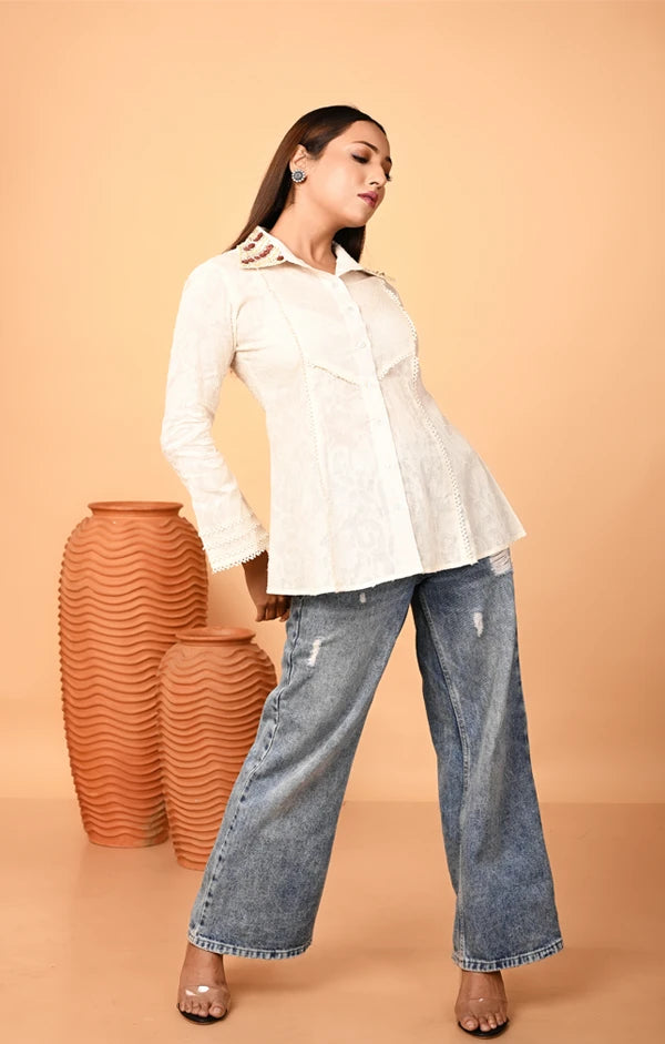 Ivory Jacquard Weaved Embroidered Shirt - OSKOS