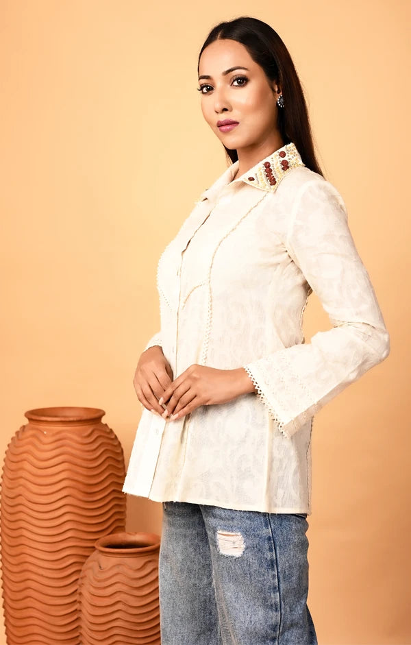 Ivory Jacquard Weaved Embroidered Shirt - OSKOS