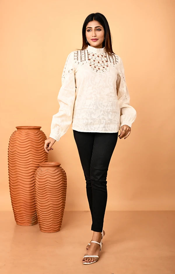 Ivory Jacquard Top with Wooden Beads and Crosia Lace - OSKOS