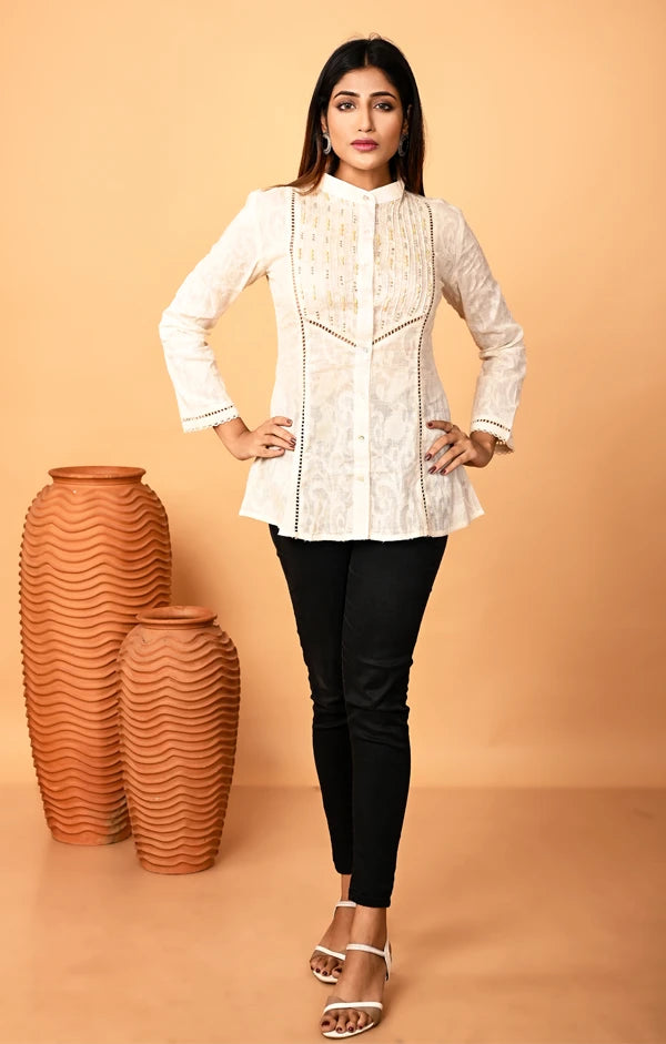 Ivory Pintuck Full-Sleeve Shirt with Hand-Embroidered Cotton Jacquard Yoke - OSKOS