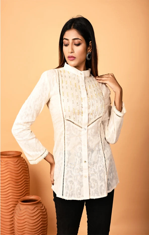 Ivory Pintuck Full-Sleeve Shirt with Hand-Embroidered Cotton Jacquard Yoke - OSKOS