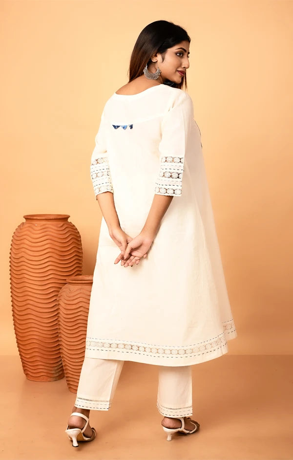 Ivory Hand-Embroidered A-Line Kurta and Pant with Crosia Lace - OSKOS