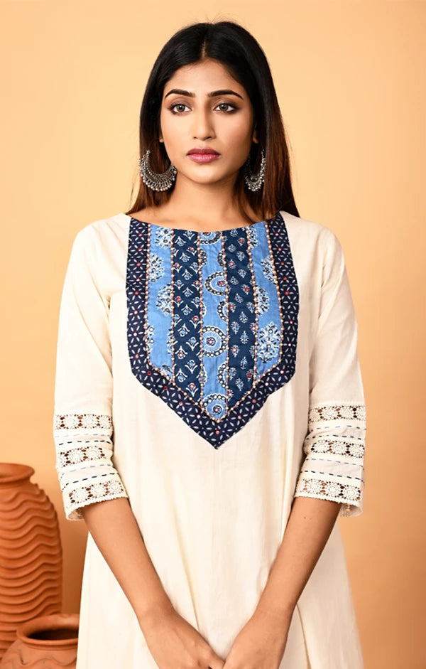 Ivory Hand-Embroidered A-Line Kurta and Pant with Crosia Lace - OSKOS