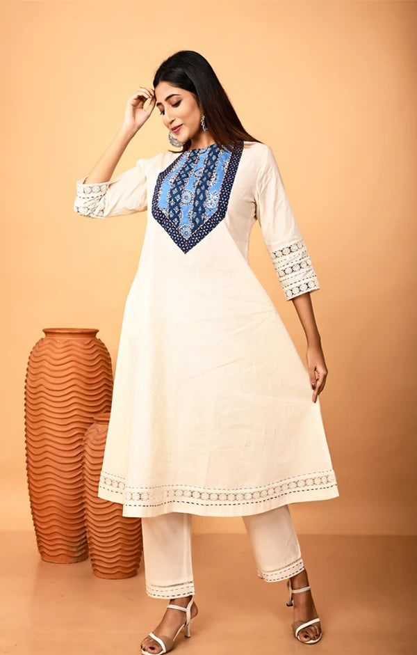 Ivory Hand-Embroidered A-Line Kurta and Pant with Crosia Lace - OSKOS