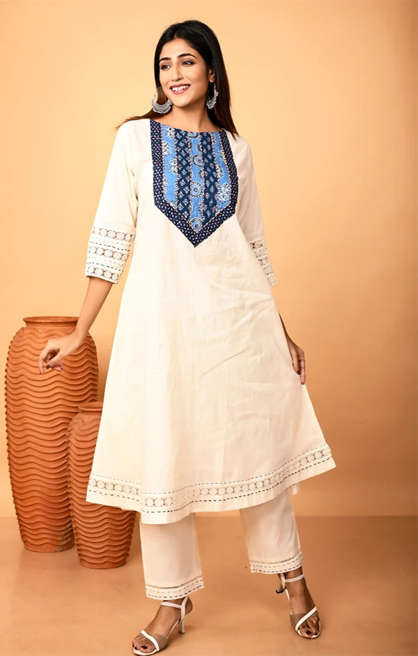 Ivory Hand-Embroidered A-Line Kurta and Pant with Crosia Lace - OSKOS