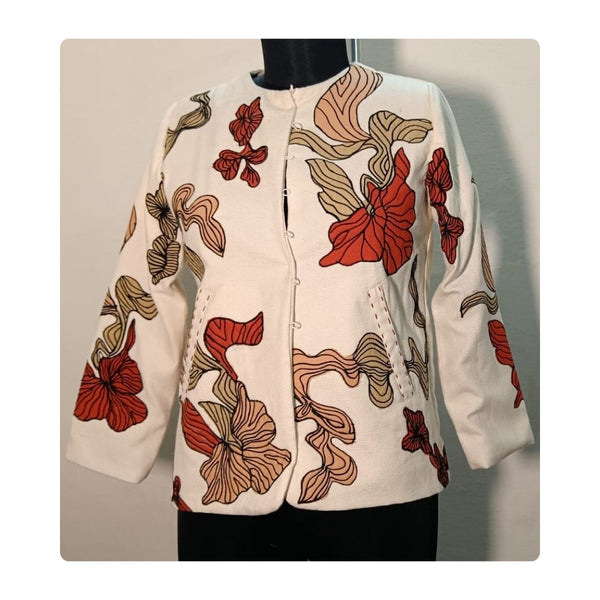 Ivory Cotton Full-Sleeve Jacket with Multicolor Appliqué and Abstract Wave Embroidery