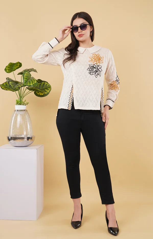 Ivory Embroidered full sleeve top with Back Button Down Style