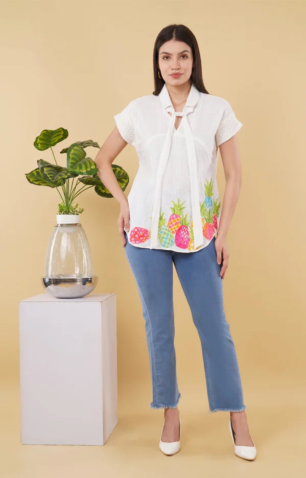 White Cotton Crepe Top with Hand-Embroidered Multicolor Appliqué and Crossia Lace Accents