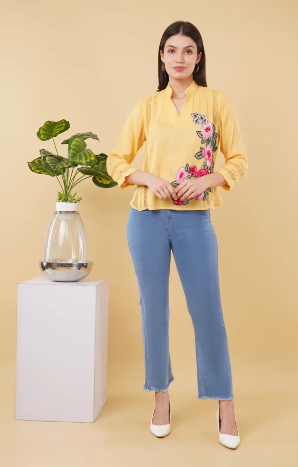 Elegant Yellow Top with Mandarin Collar, Floral Appliqué, and Hand Embroidery