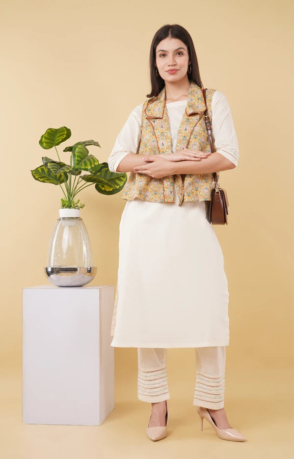 Ivory Long Kurta with embroidered printed Jacket