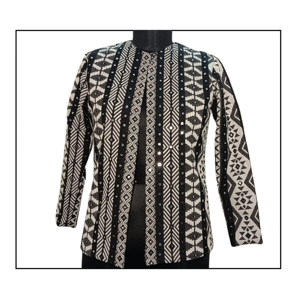 Black and Cream Cotton Jacquard Full-Sleeve Jacket with Embroidered Mirrorwork