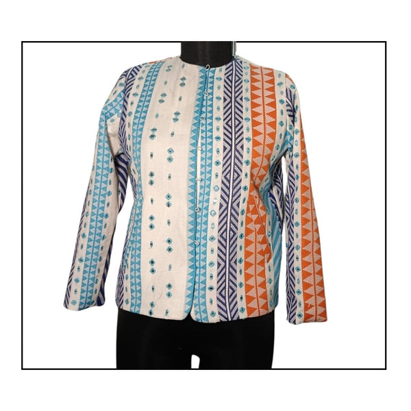 Handloom Jacquard Full-Sleeve Jacket with Mirrorwork and Border-Inspired Design