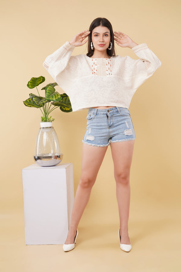 Elegant Ivory Cotton Jacquard Crop Top with Crossia Lace and Hand Embroidery