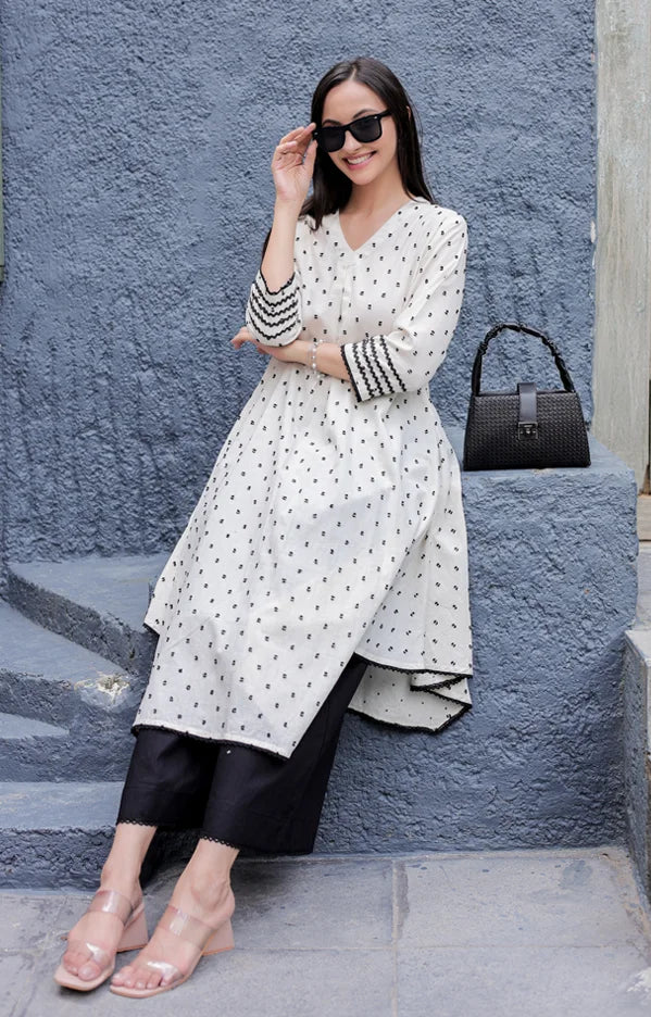 Ivory Cotton Linen Kurta with Black Dobby & Palazzo Set