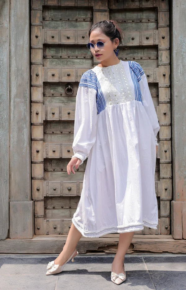 White Cotton Hand-Embroidered Dress with Mirror Work