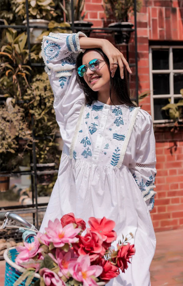 White Cotton Hand-Embroidered Balloon Sleeve Dress with Crossia Lace Detailing