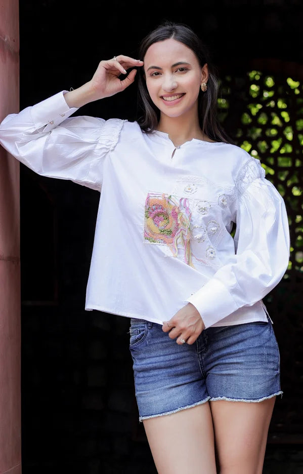 Elegant White Cotton Full-Sleeve Top with 3D Hand Embroidery and Crossia Lace