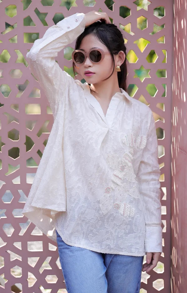 Ivory Cotton Jacquard Oversized Hand Embroidered Full Sleeve Top