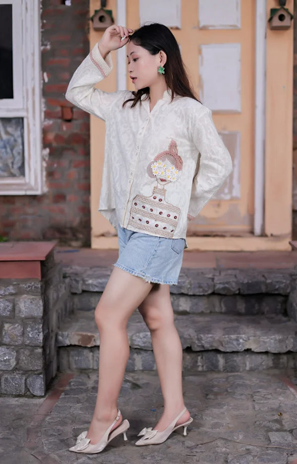 Ivory Cotton Jacquard 3DEmbroidered Full-Sleeve Loose-Fit Shirt with Crossia Lace Detailing