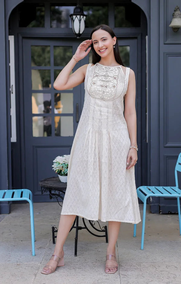 Ivory Cotton Jacquard Mid-Length Dress with Embroidery Detailing